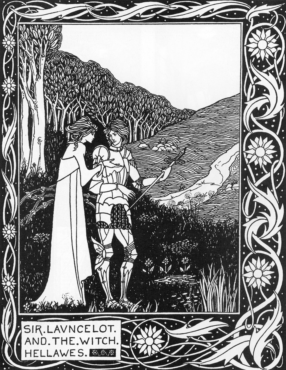 Sir Launcelot and the witch Hellawes (Lancelot and the witch Hellawes) Illustrasjon av Aubrey Beardsley (1872-1898) fra Thomas Malorys "The Death of Arthur" av Aubrey Beardsley