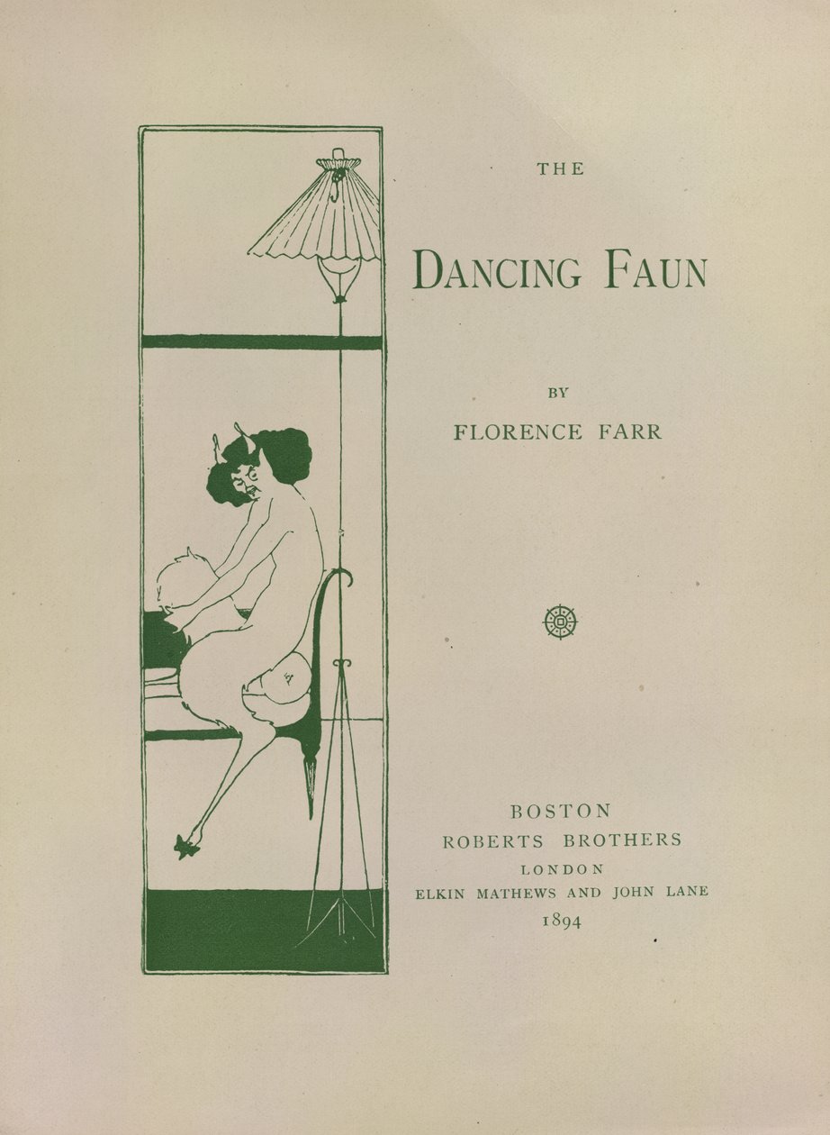 The Dancing Faun, dekorert bokpapir for 'The Dancing Faun' av Florence Parr. Bilde tatt fra: 20 miniatyrplakater tegnet av Aubrey Beardsley. Representerer titteldesignene til "Keynotes Series".. Publisert av Roberts Bros: Boston av Aubrey Beardsley