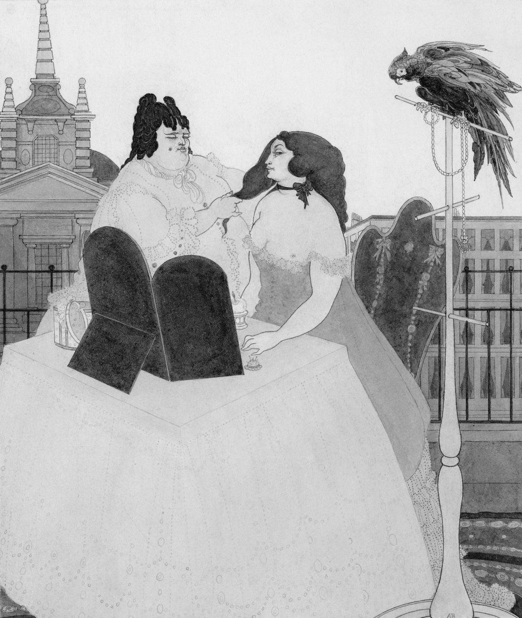 Damen ved sminkebordet (blekk og vask) av Aubrey Beardsley