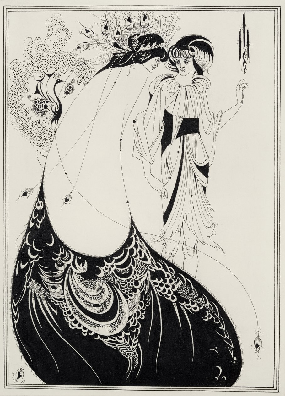 The Peacock Skirt, illustrasjon for den engelske utgaven av `Salome av Oscar Wilde (1854-1900) 1893 (svart blekk og grafitt på papir) av Aubrey Beardsley