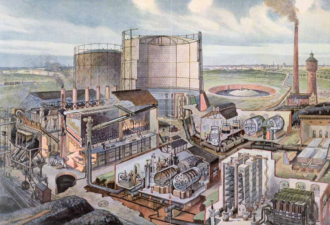 Tverrsnitt av en gassfabrikk (fargegravering) av August Dressel