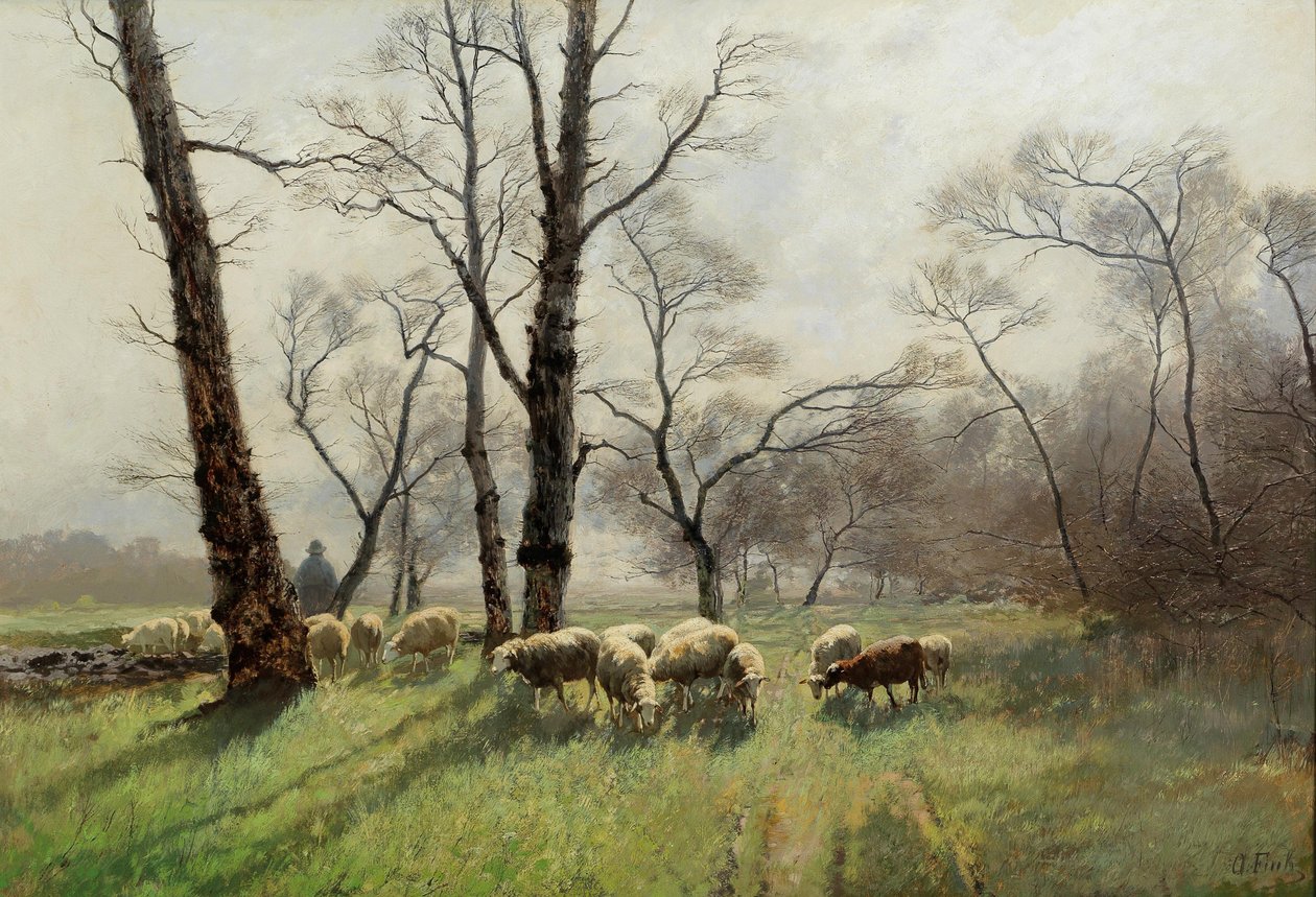 Hyrde med sin flokk i kveldslyset av August Fink