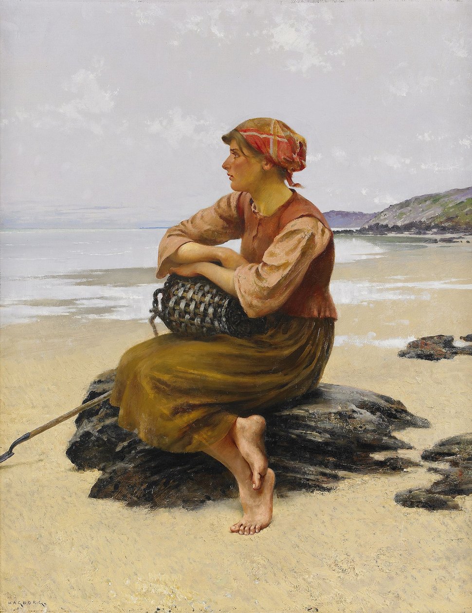 Sitter østersplukker på stranden av August Hagborg