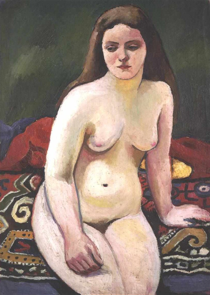 Naken på strikket teppe av August Macke