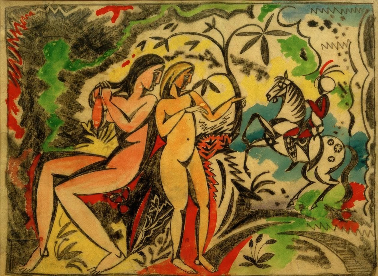Badende og tyrkiske ryttere, broderidesign av August Macke