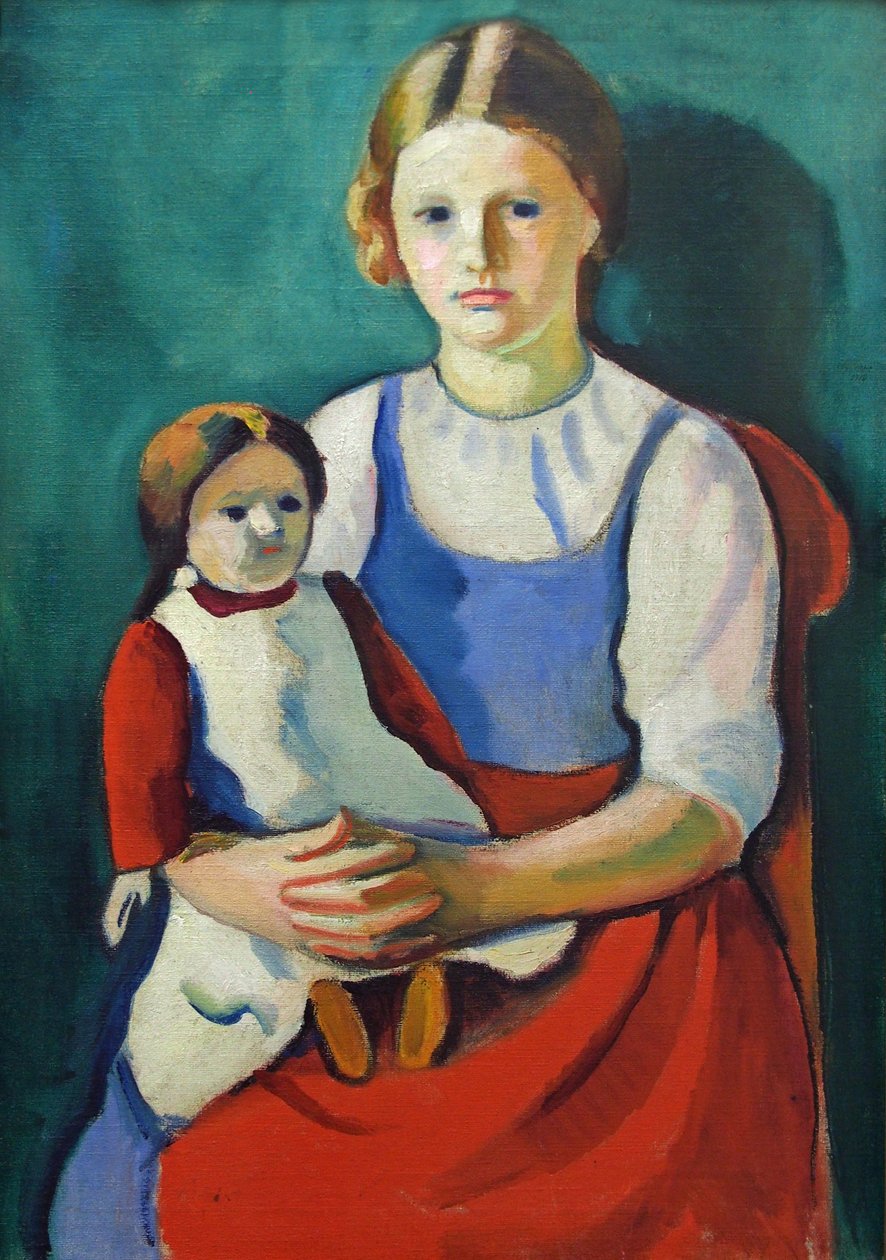 Blond jente med dukke av August Macke