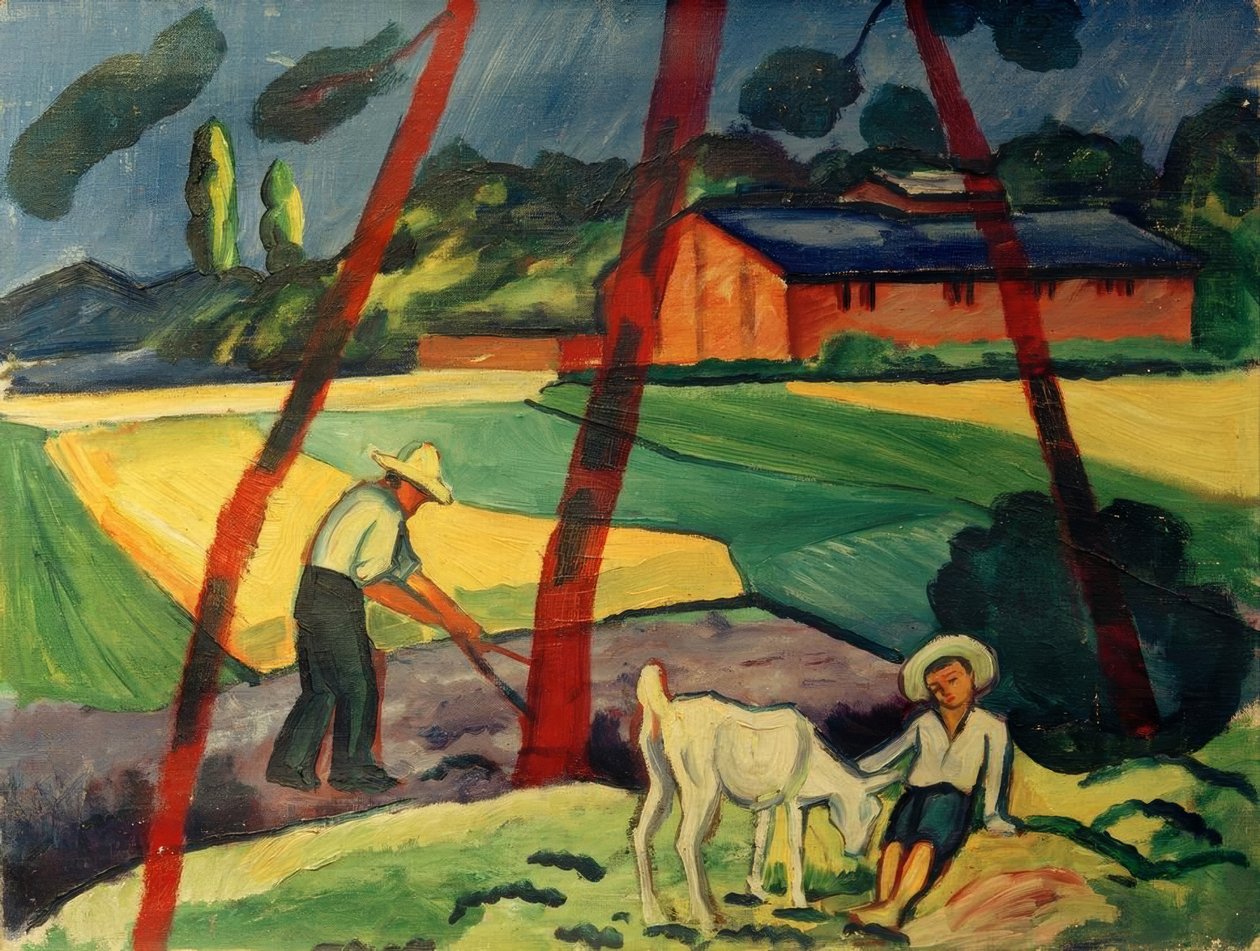 Landskap med bonde, gutt og geit av August Macke