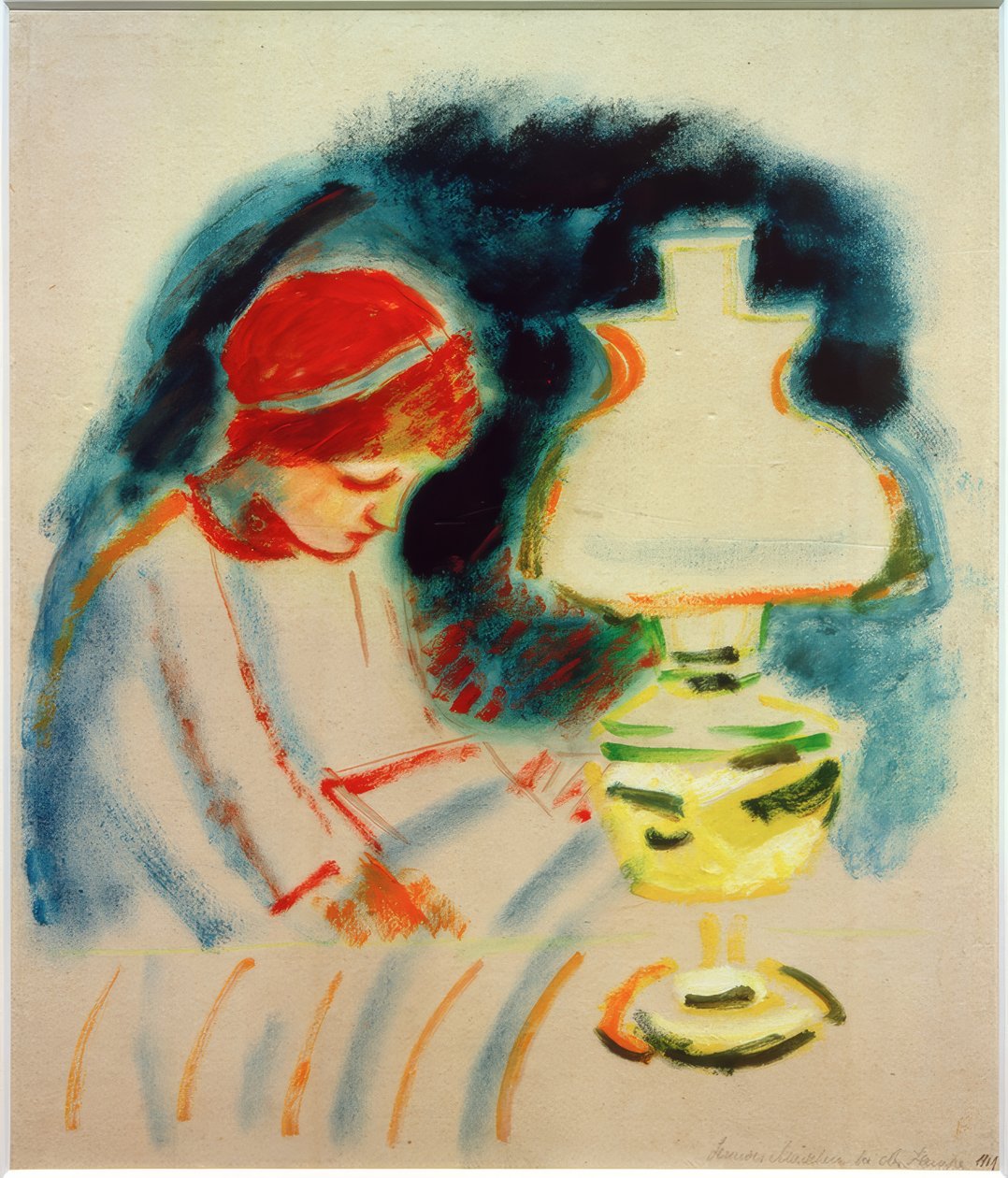 Jente som leser ved lampen, 1911 av August Macke