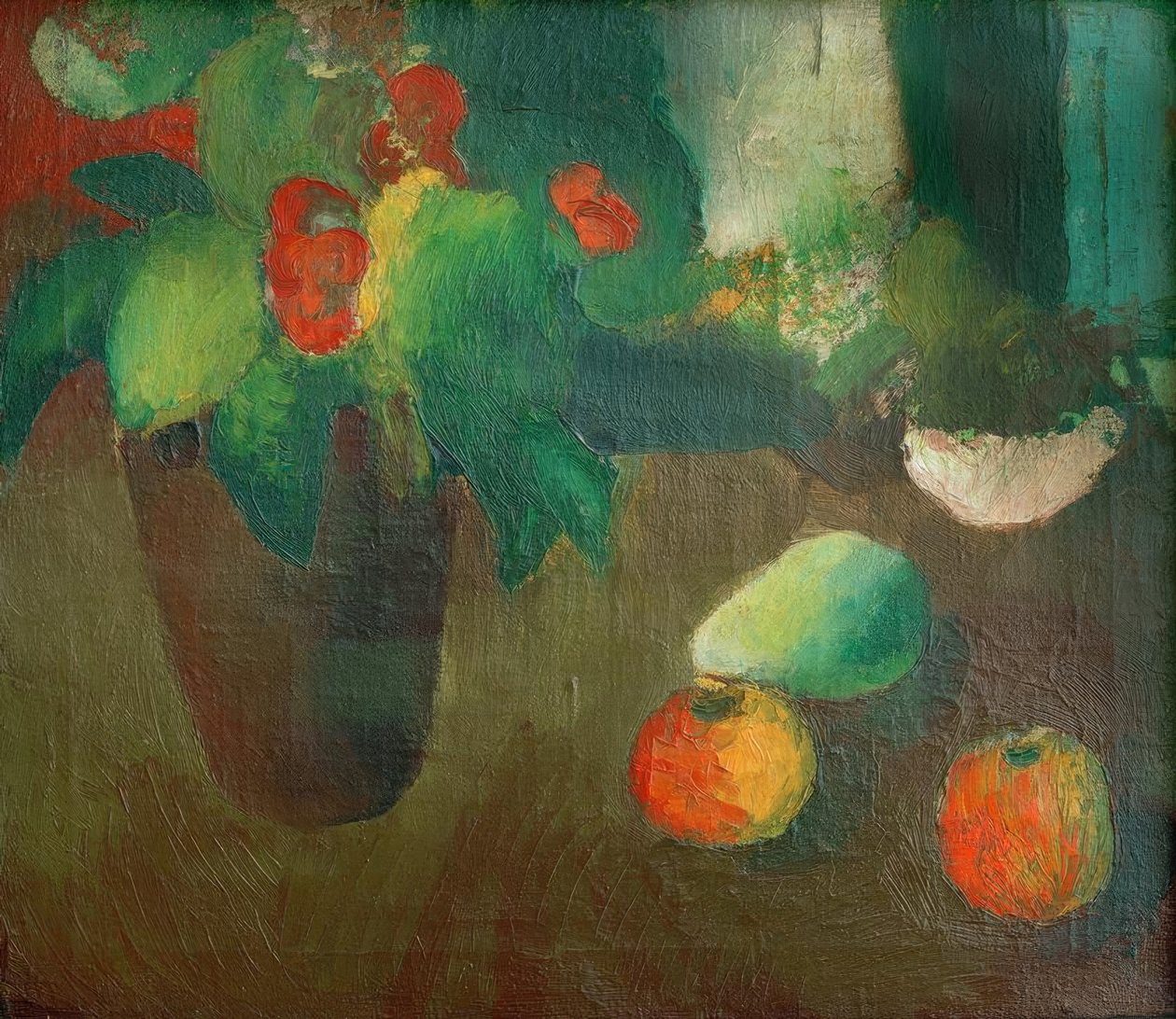 Stilleben med begonia, epler og pære av August Macke