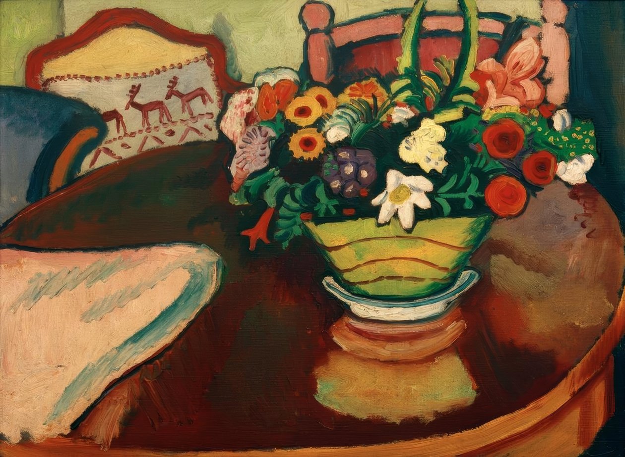 Stilleben med hjortepute og bukett av August Macke