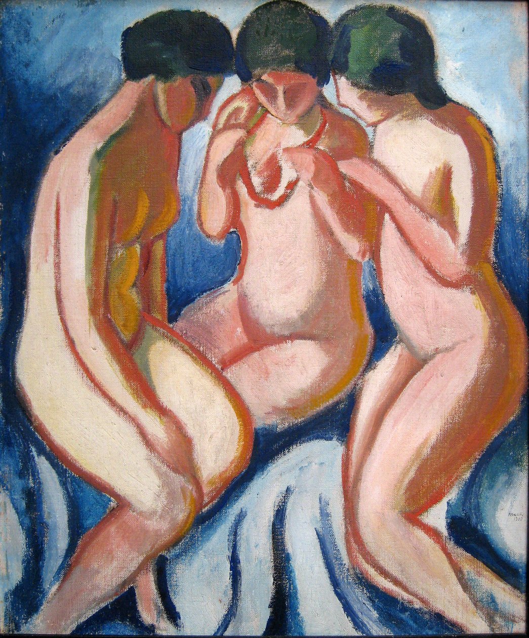 Tre nakenbilder mot blå bakgrunn av August Macke
