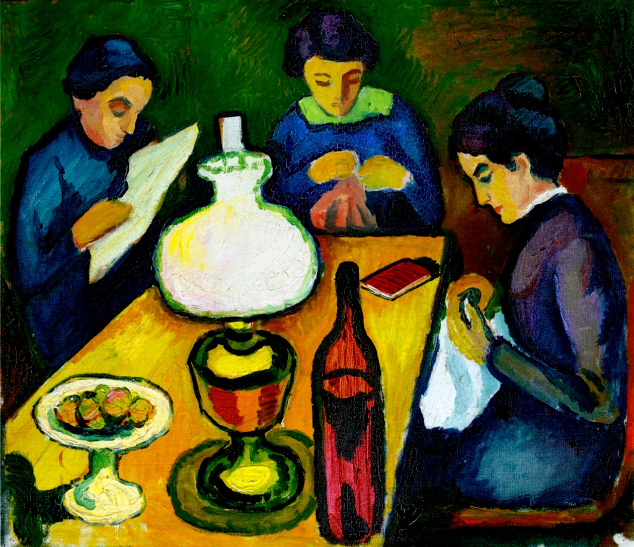 Tre kvinner ved bordet ved lampen, 1912 av August Macke