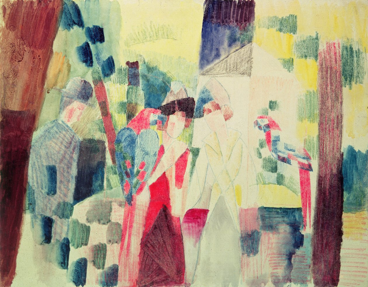 To kvinner og en mann med papegøyer, 1900-tallet av August Macke