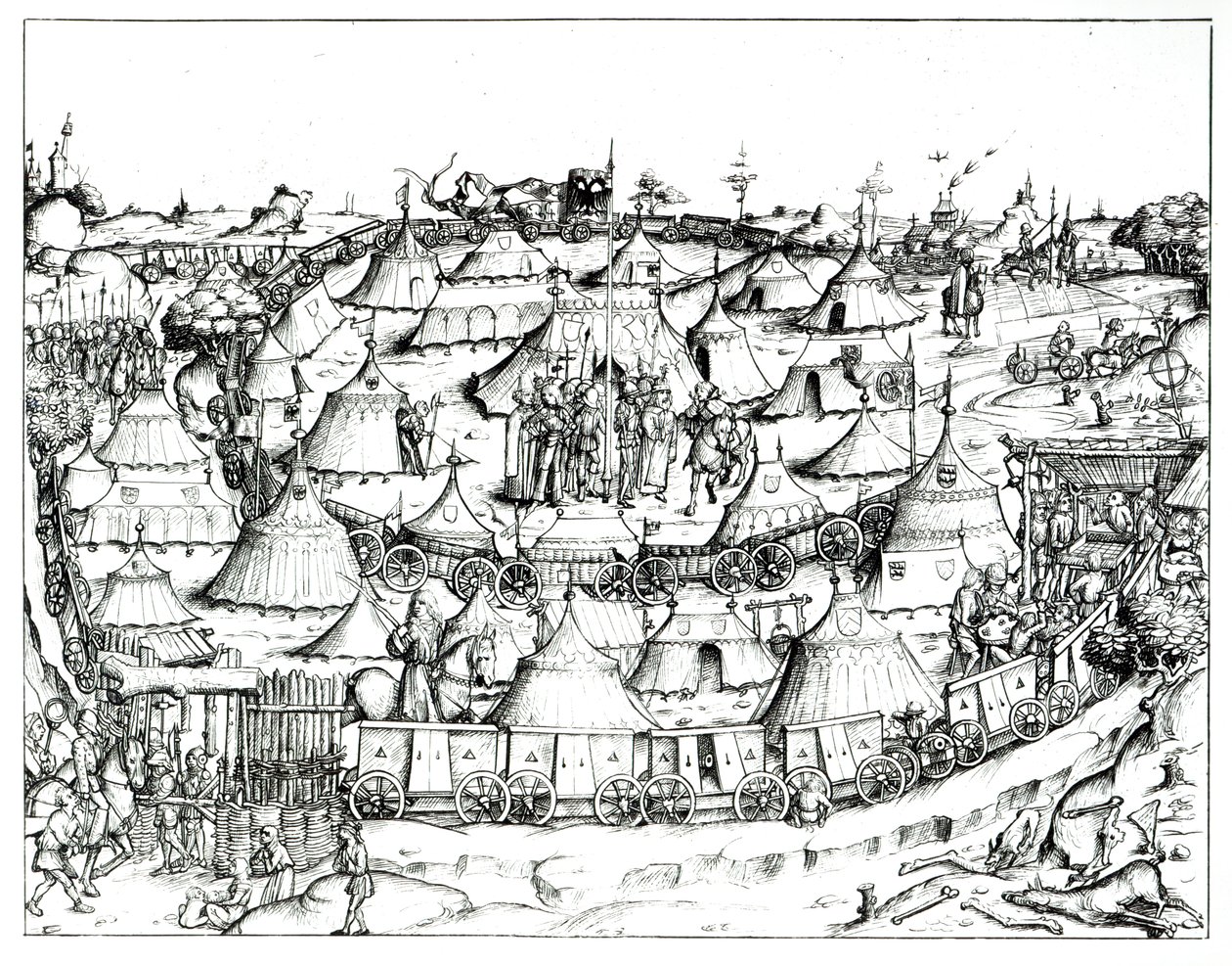 Middelaldersk militærleir, fra en bok, pub. 1887 (bw-bilde) av August Ottmar von Essenwein