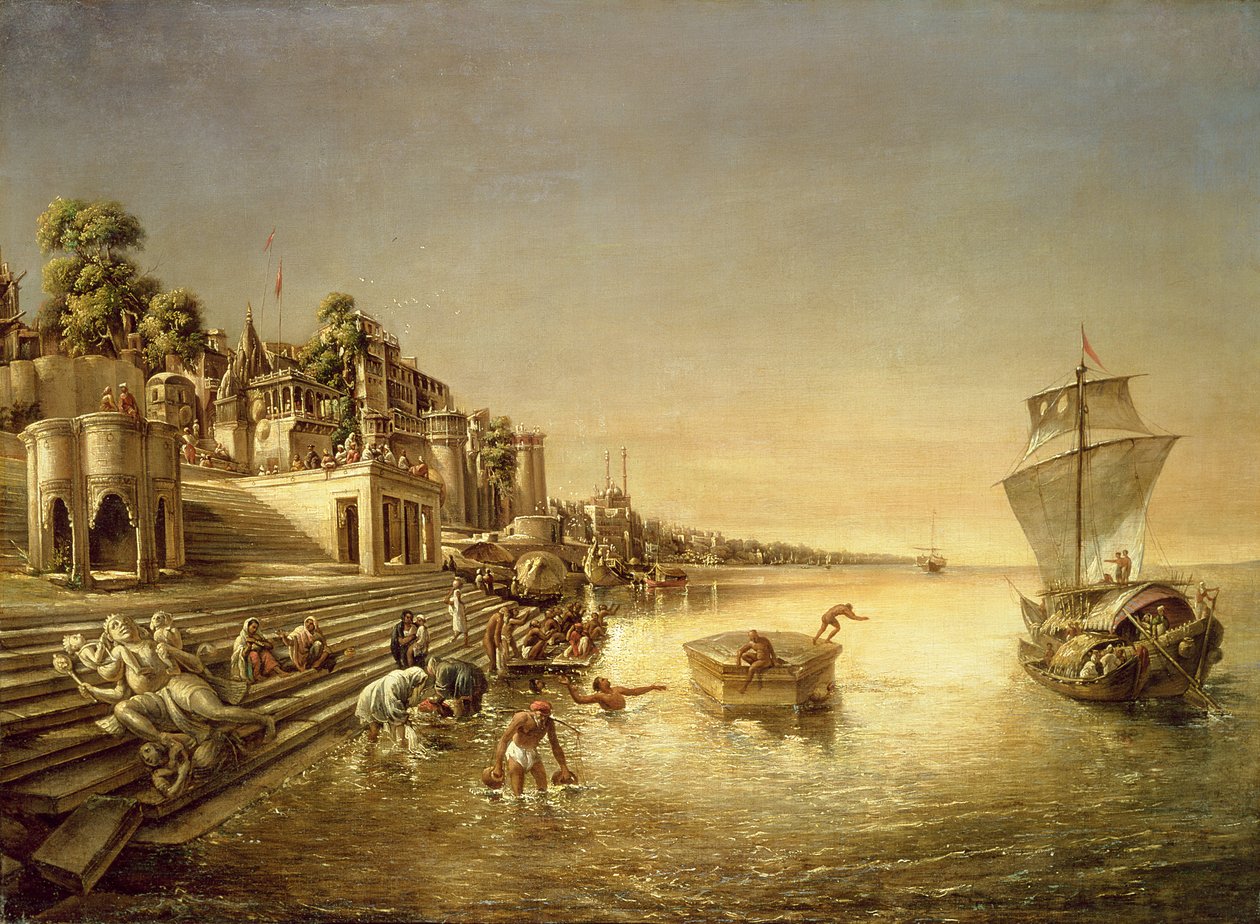 Utsikt over Benares med folk som bader og ber i Ganges av August Theodor Schoefft