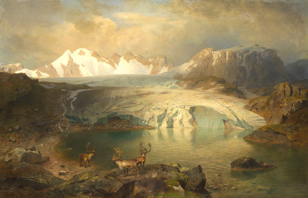 Fjordlandskap med isbre og reinsdyr av August Wilhelm Leu