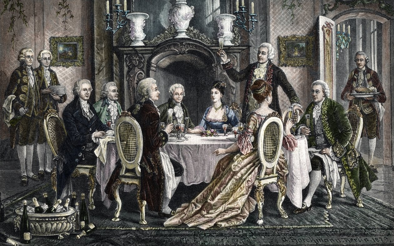Middag hjemme hos Emanuel Schikaneders for Wolfgang Amadeus Mozart av August (after) Borckmann