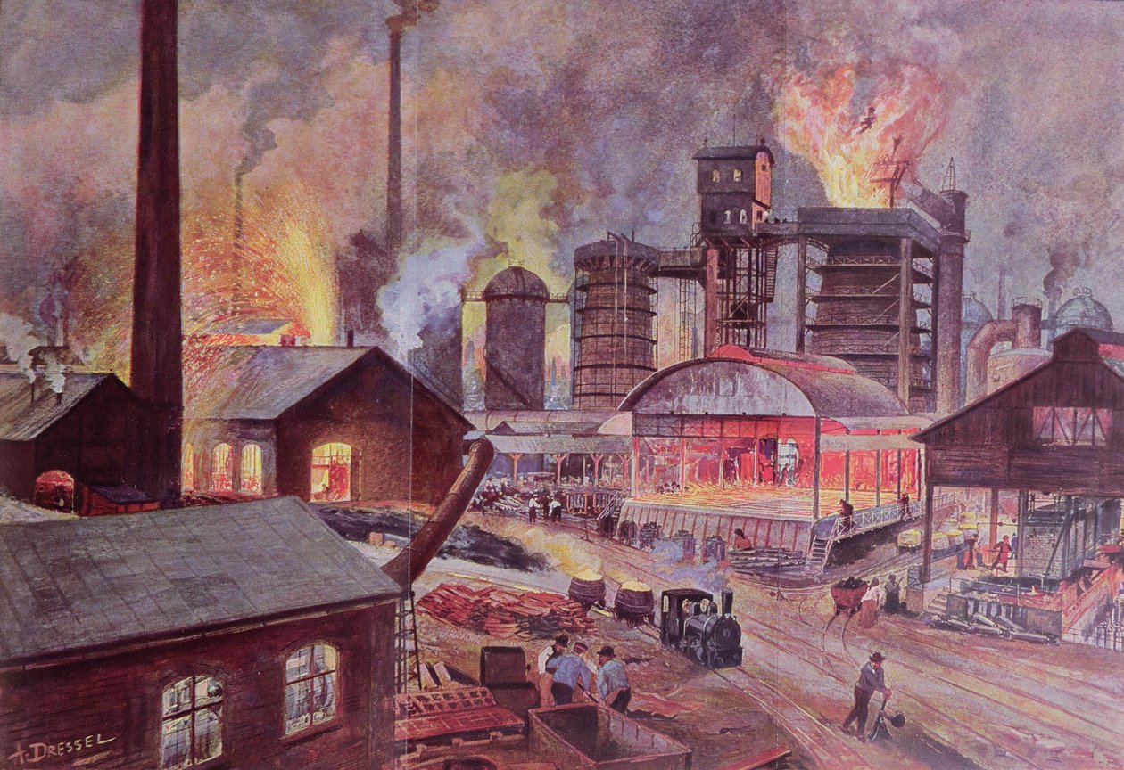 Fabrikk med masovn, fra en serie bøker om LUnivers et lHumanite av H. Kraemer, utgitt i Paris på slutten av 1800-tallet (fargegravering) av August Dressel