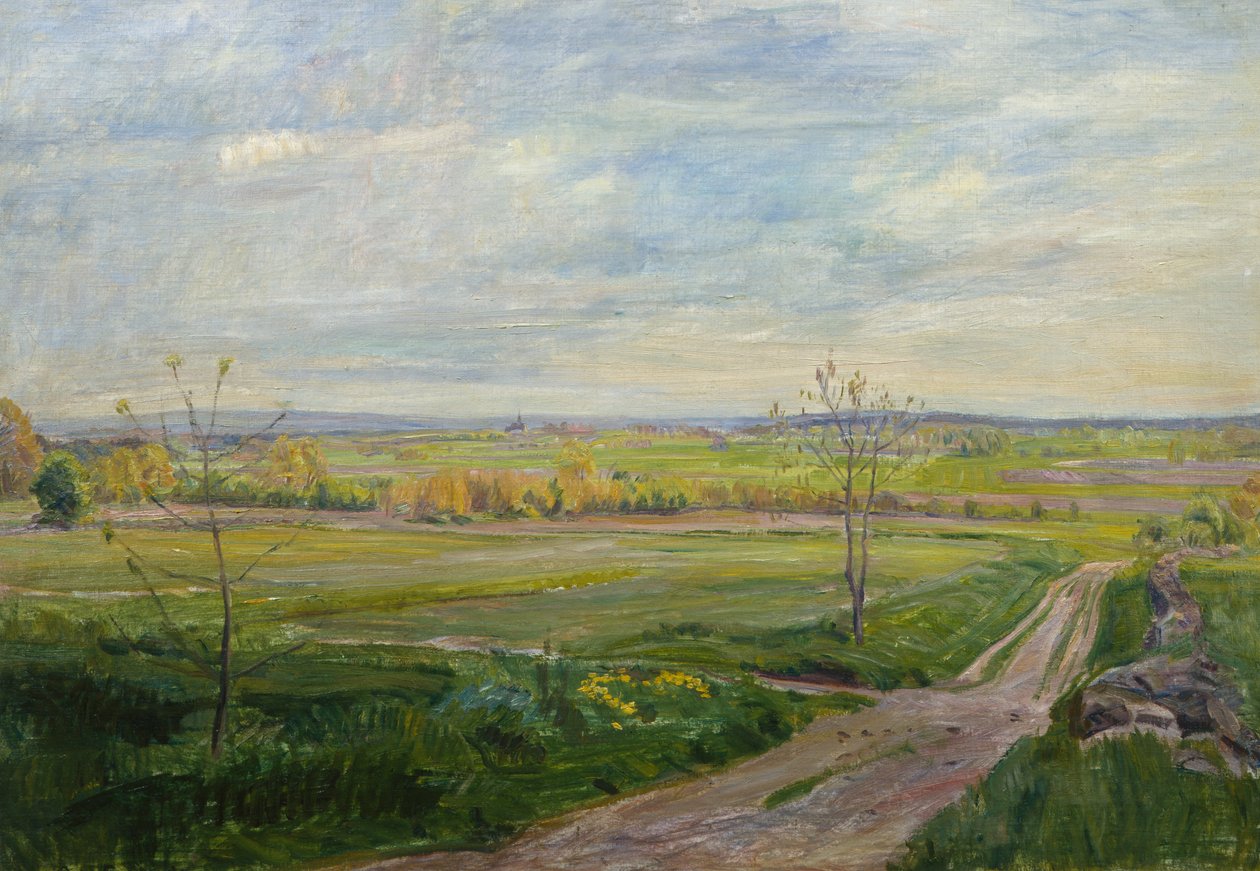 Landskap ved Eidsberg kirke av August Eiebakke