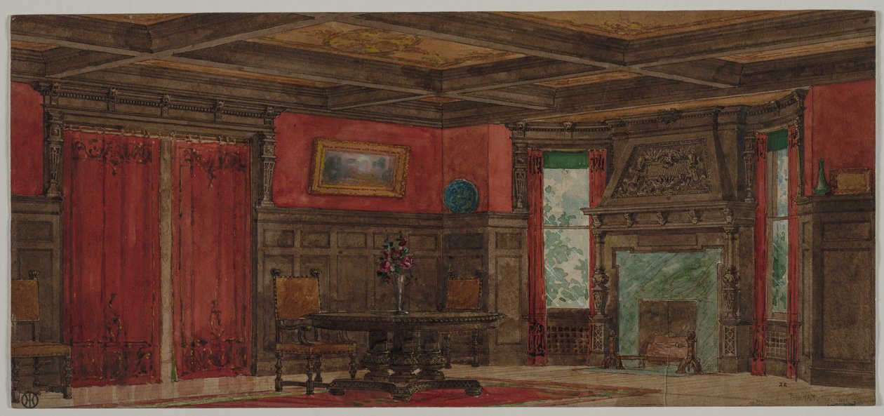 Gjengivelse for interiørdesign, ca 1880-1900. av August Frederick Biehle