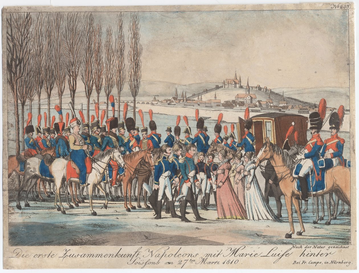 Napoleon introduserer keiserinne Marie-Luise for familien sin utenfor paviljongen nær Soissons av August Friedrich Andreas Campe