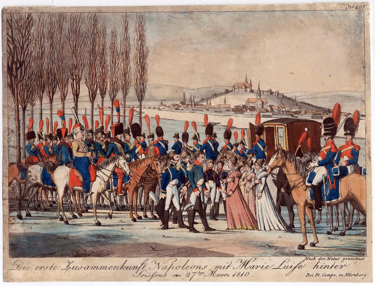 Napoleon introduserer keiserinne Marie-Luise for familien sin utenfor paviljongen nær Soissons - Campe, August Friedrich Andreas (1777-1846) - Etsning, akvarell - 17,3x23 - Privat samling av August Friedrich Andreas Campe
