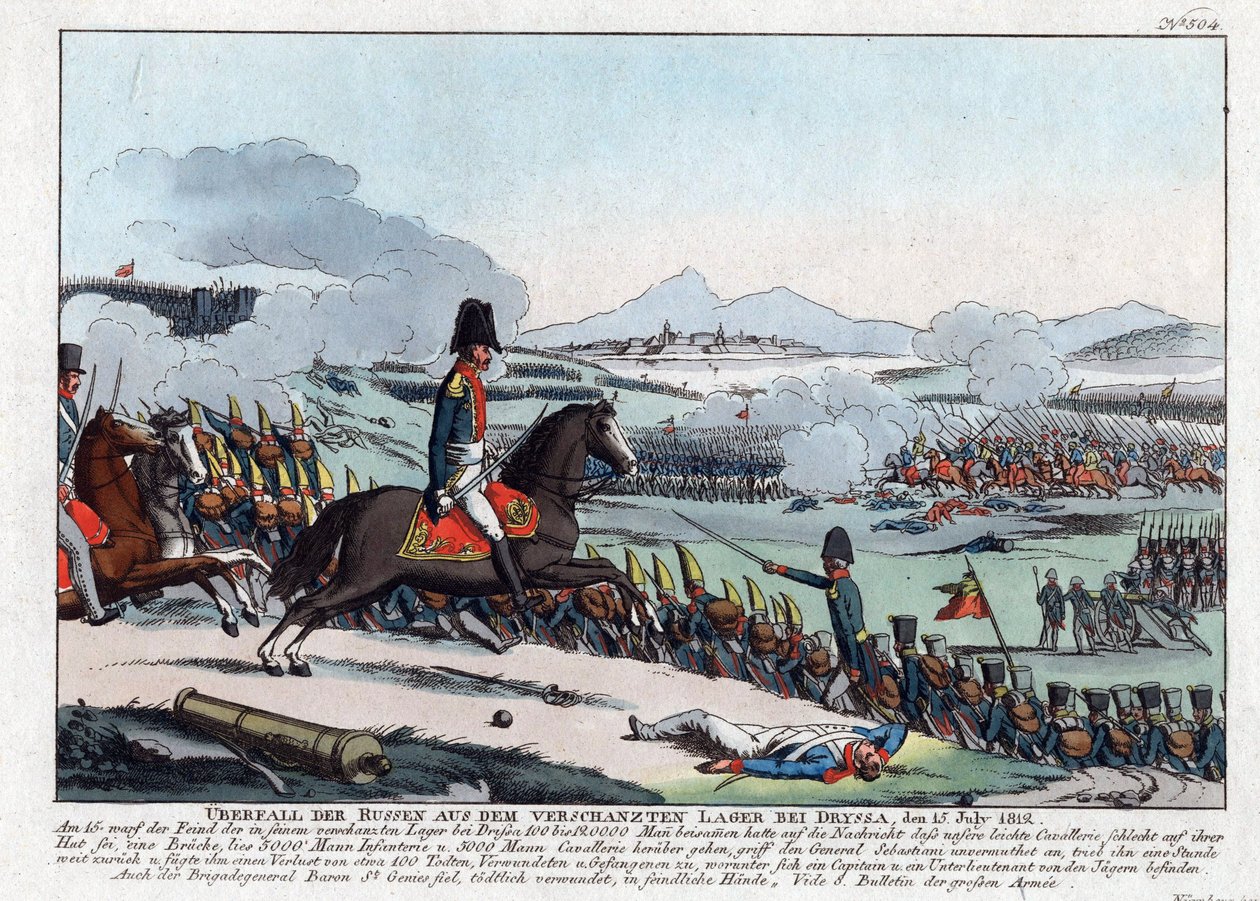 Russisk angrep fra den forankrede leiren ved Dryssa 15. juli 1812 (bataille de la Drissa, Bielorussie av August Friedrich Andreas Campe