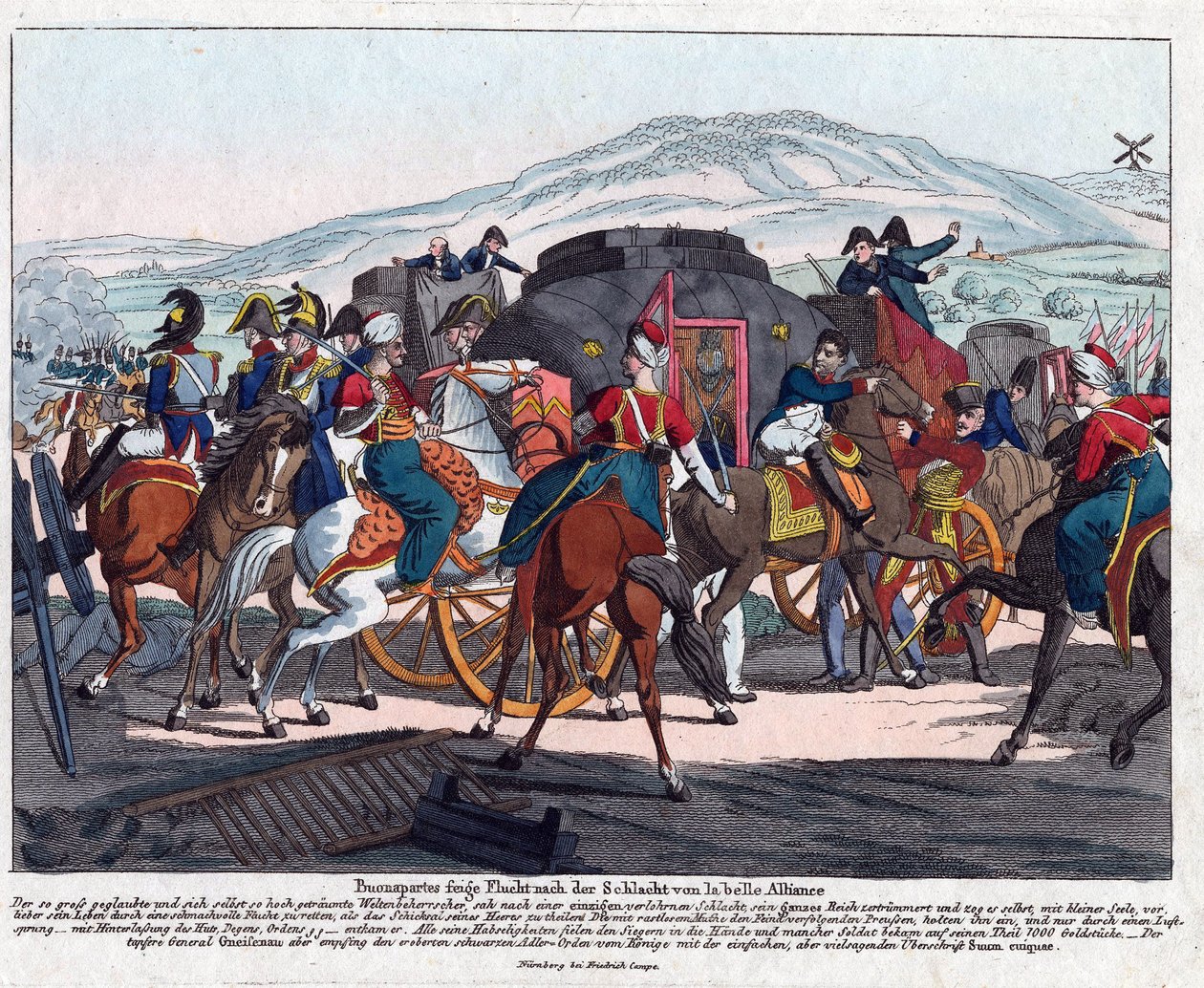 Napoleons flukt etter slaget ved Waterloo (1815) - Campe, August Friedrich Andreas (1777-1846) - Etsning, akvarell - 21,5x26,3 - Privat samling av August Friedrich Andreas Campe