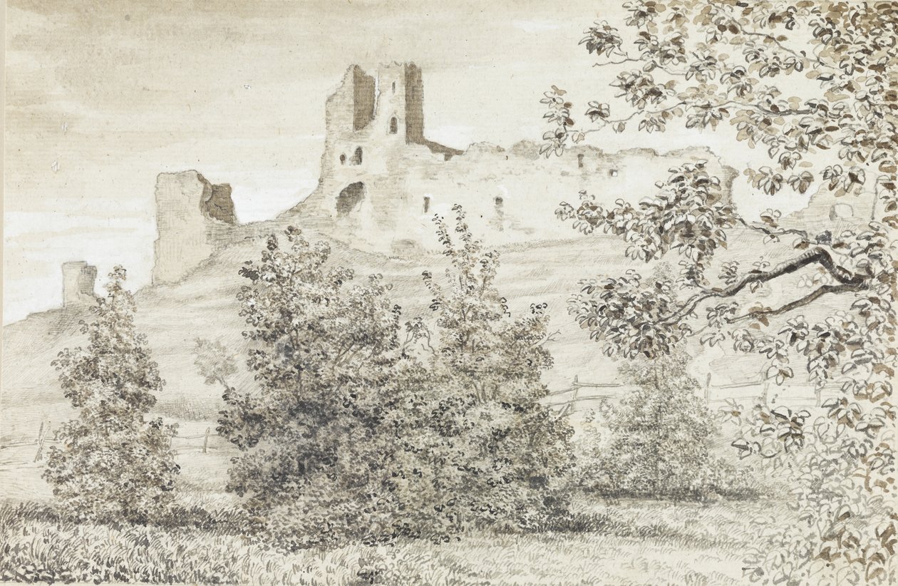 Utsikt over ruinene av Rakvere Castle, 1828 (sepia og blyant på papir) av August Georg Wilhelm Pezold