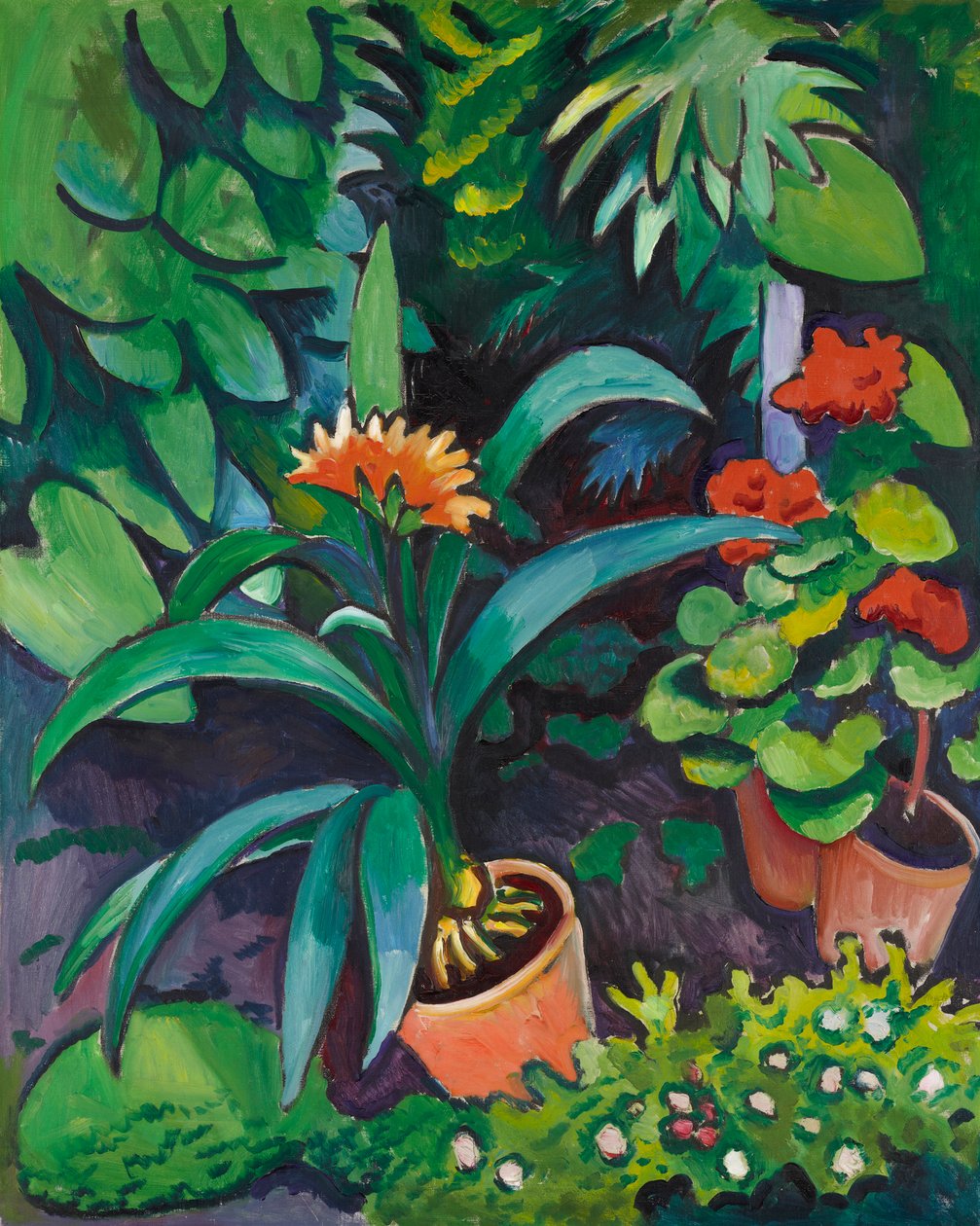 Blomster i hagen, kliviaer og pelargonier av August Macke
