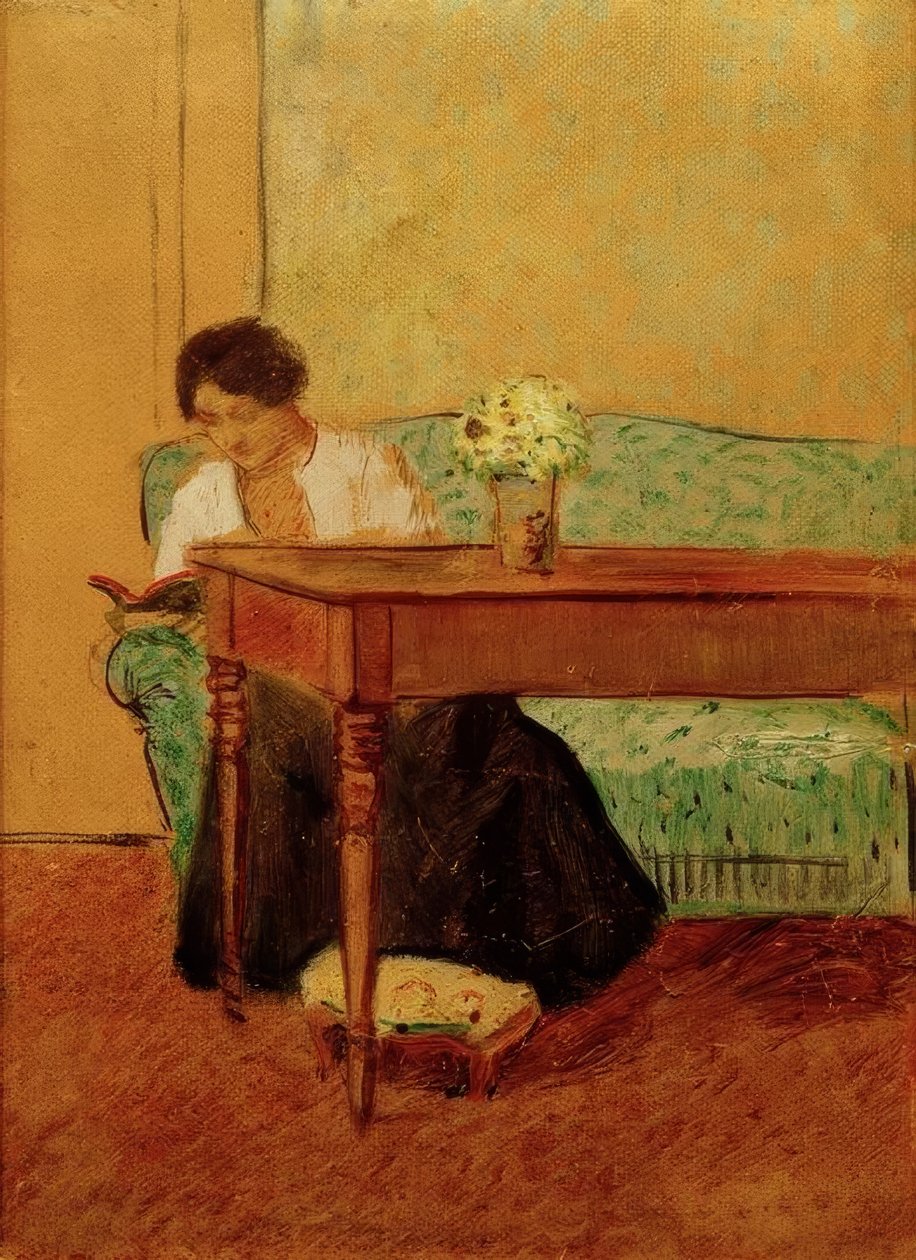 Elisabeth på den grønne sofaen og leser av August Macke
