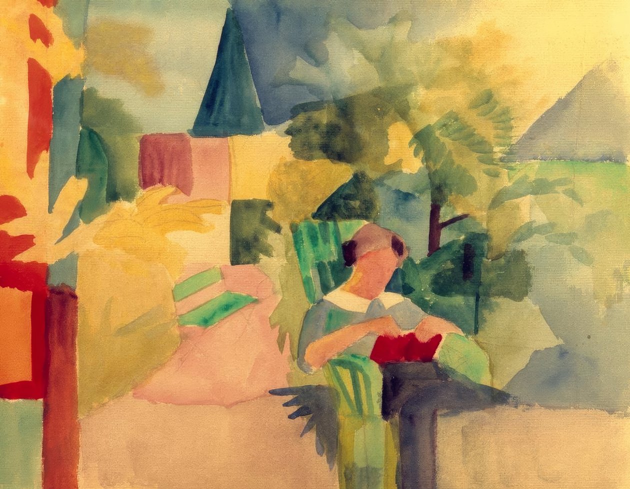 Hage med en kvinne som leser (ved innsjøen Thun) av August Macke
