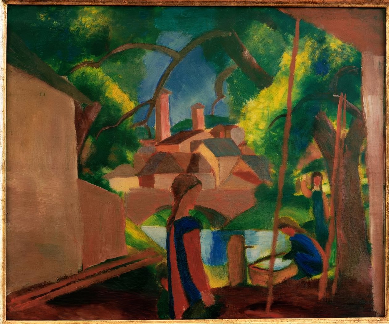 Barn ved fontenen med byen i bakgrunnen av August Macke