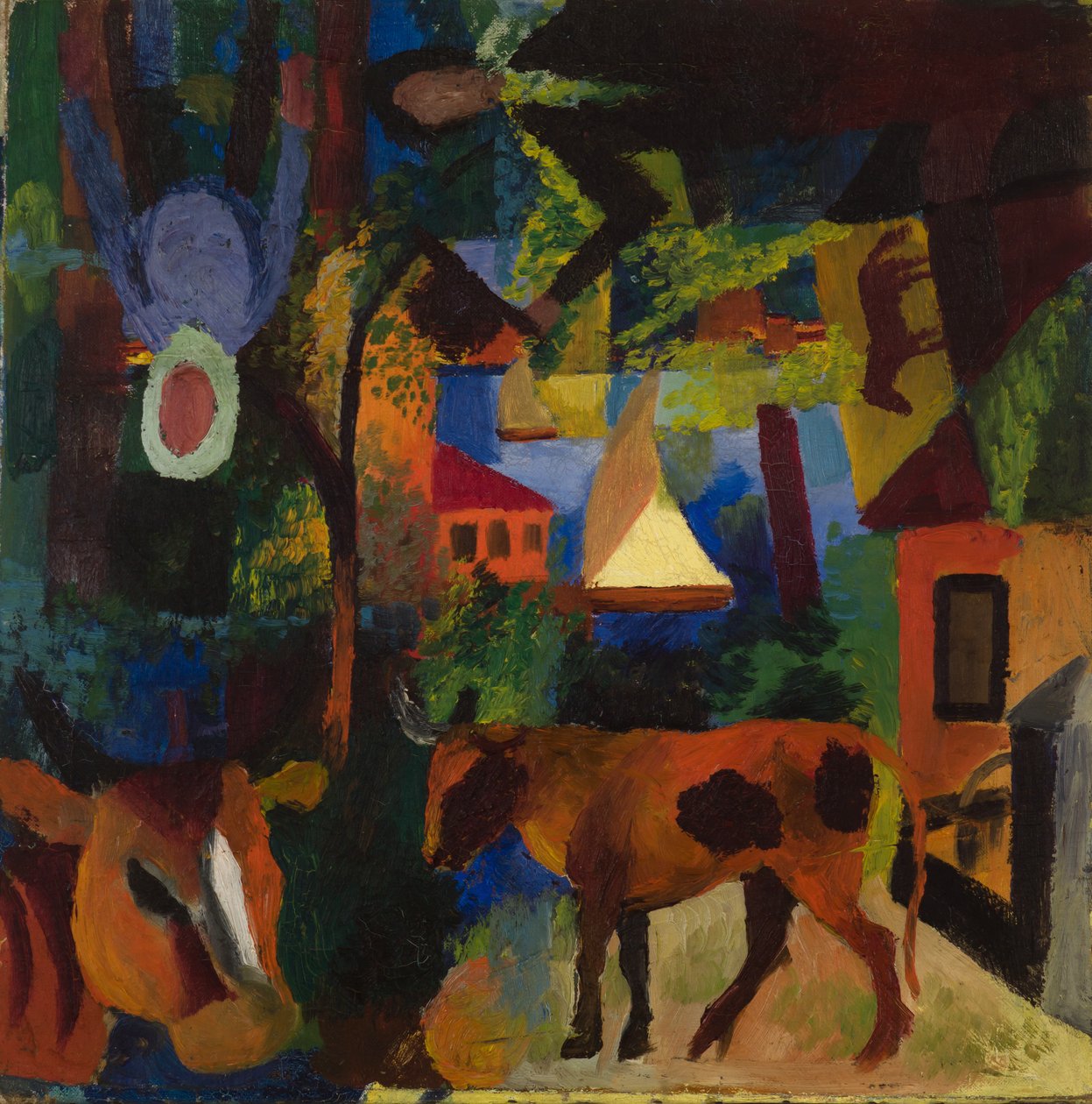 Landskap med kyr, seilbåt og innmalte figurer av August Macke