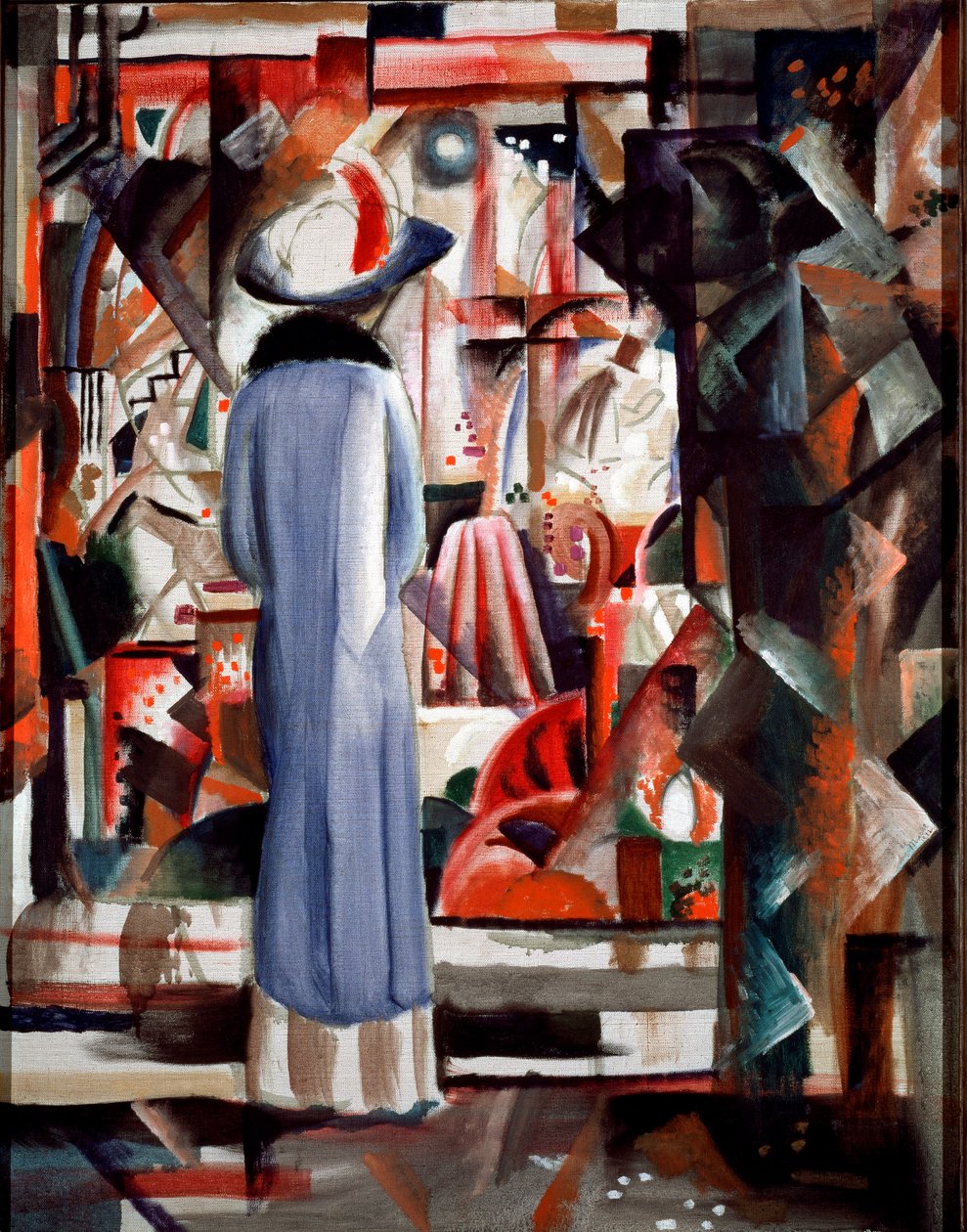 Stort opplyst utstillingsvindu En kvinne iført lang frakk og hatt ser på et utstillingsvindu. Maleri av August Macke (1887-1914) 1912 Dim. 105x85 cm Hannover, Sprengel Museum av August Macke