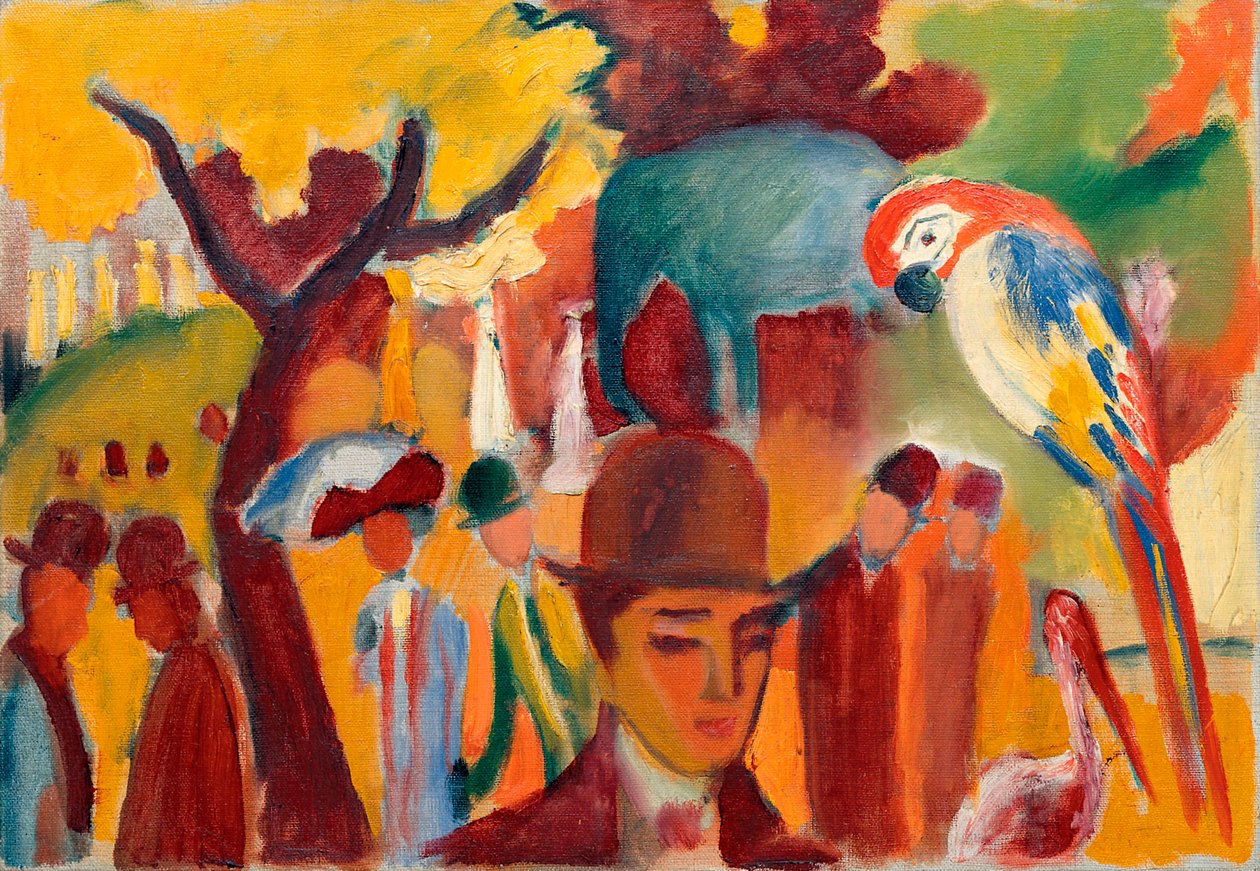 Den lille zoologiske hagen i brunt og gult. Maleri av August Macke (1887-1914), olje på lerret av August Macke