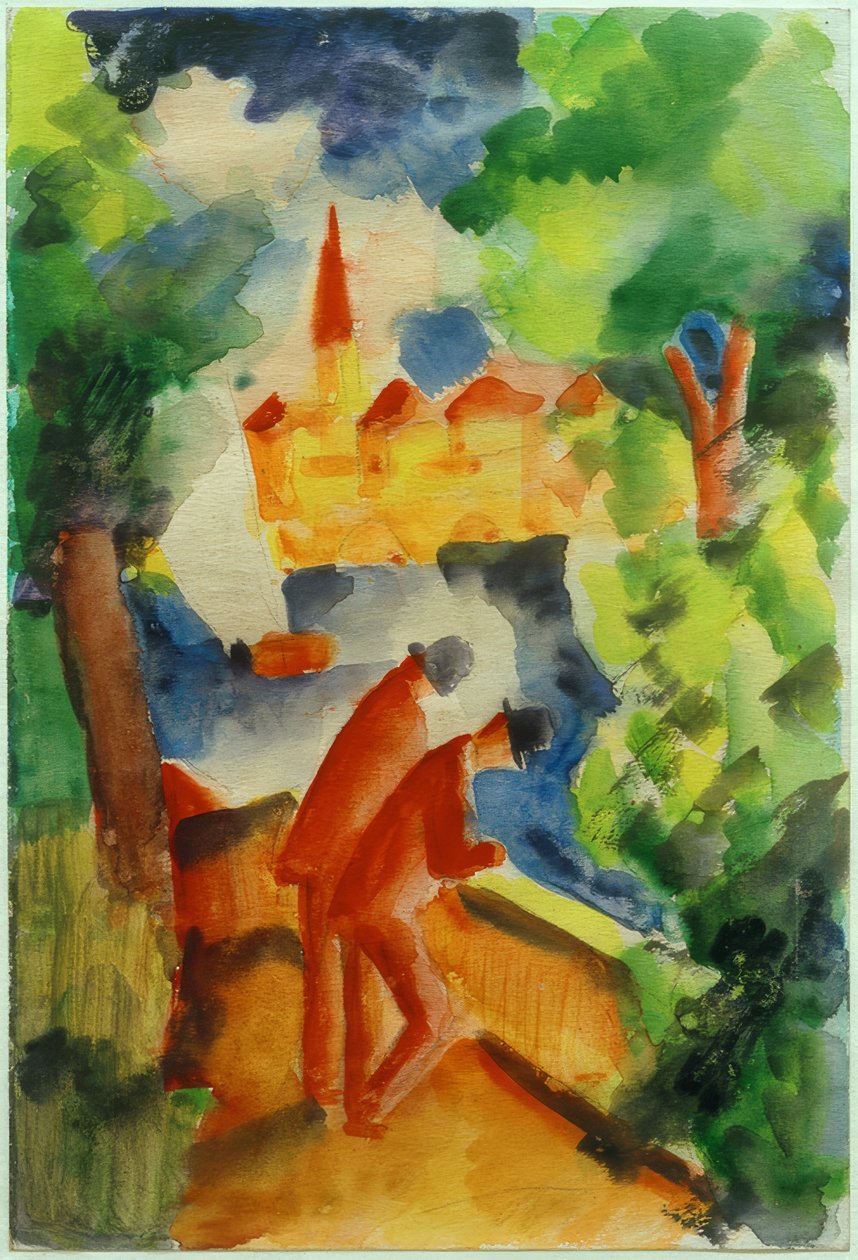 Menn på terrassen ved sjøen av August Macke