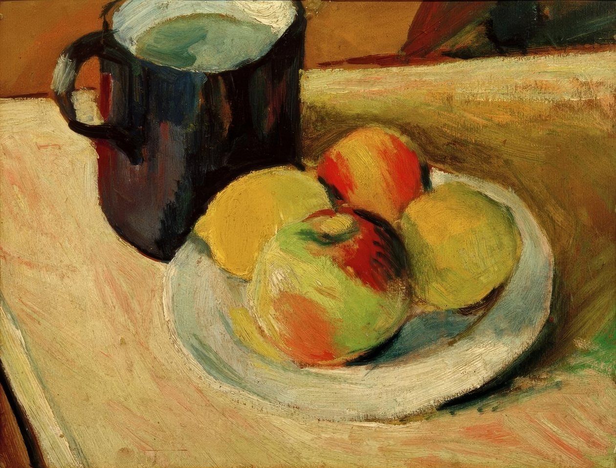 Melkemugge og epler på tallerken av August Macke