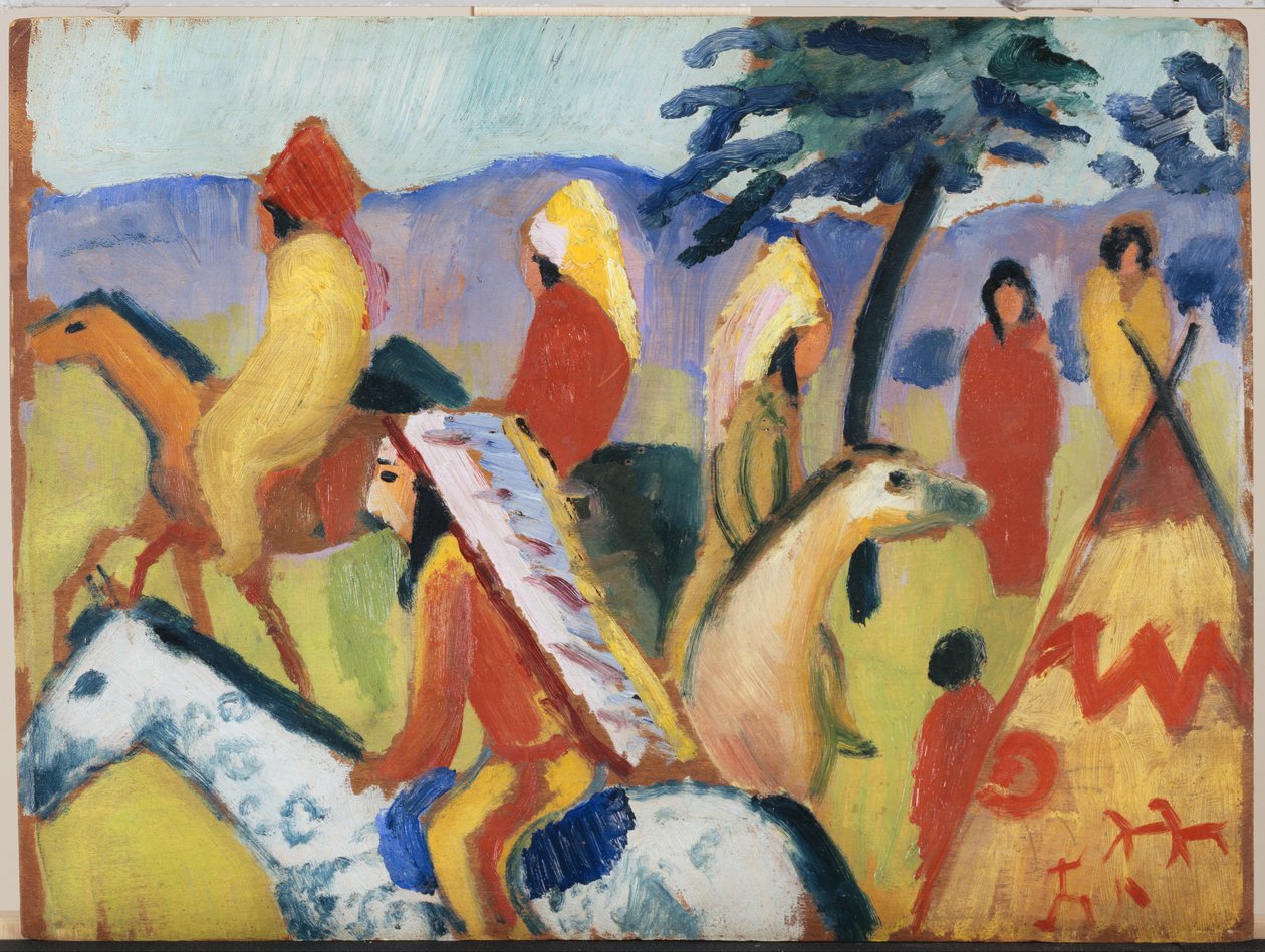 Indianere som rir ved teltet av August Macke