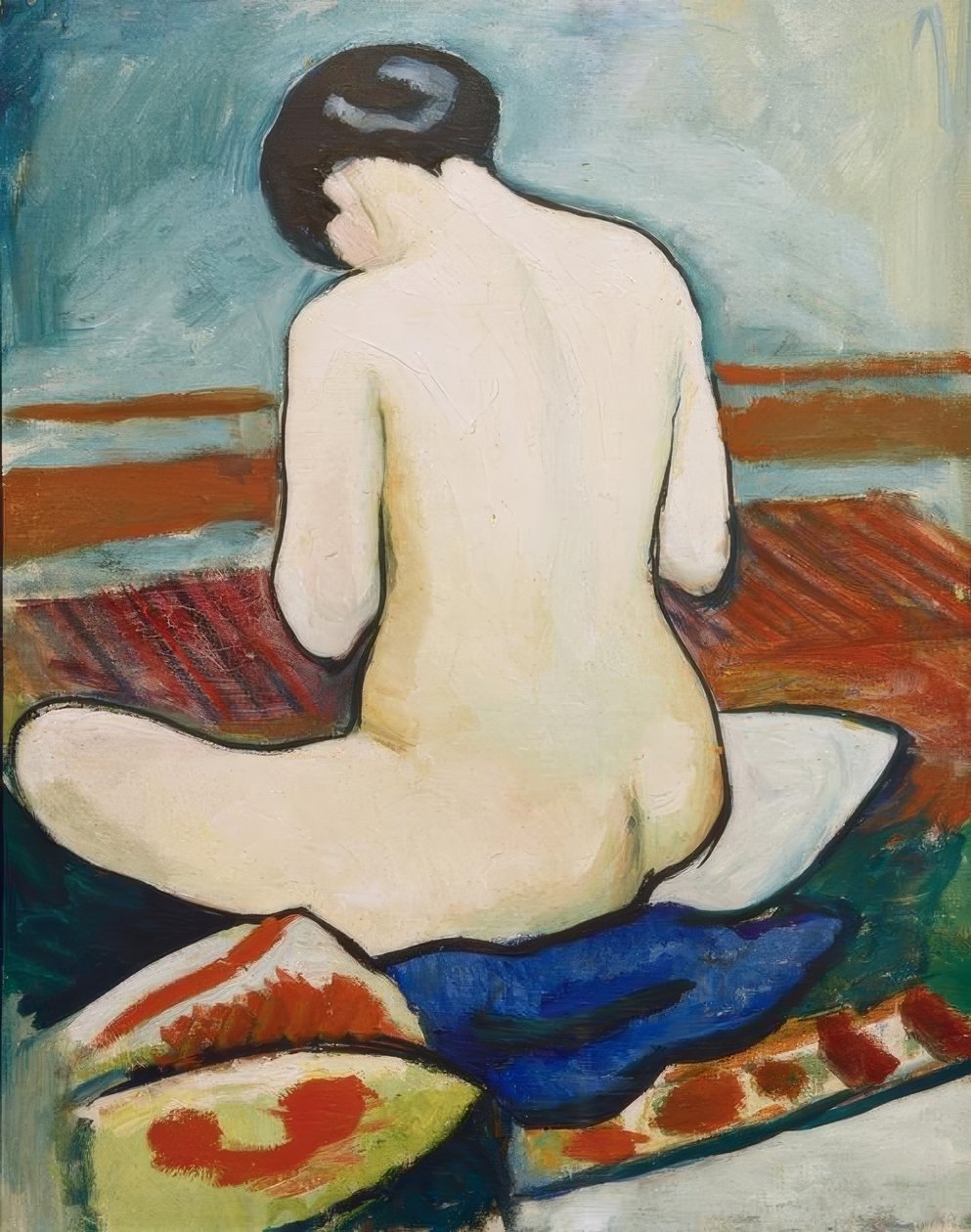 Sitter naken med puter av August Macke