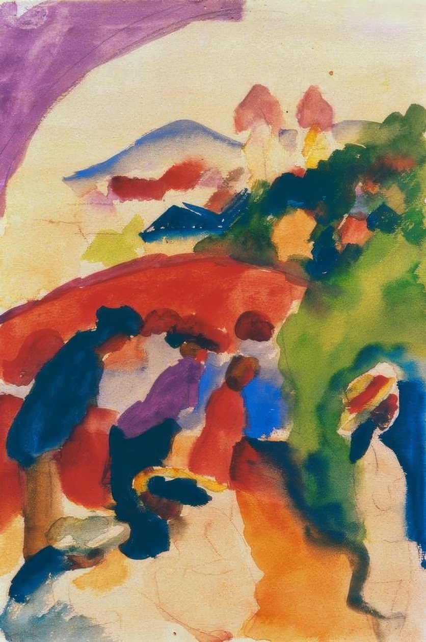 Turgåere med byen av August Macke