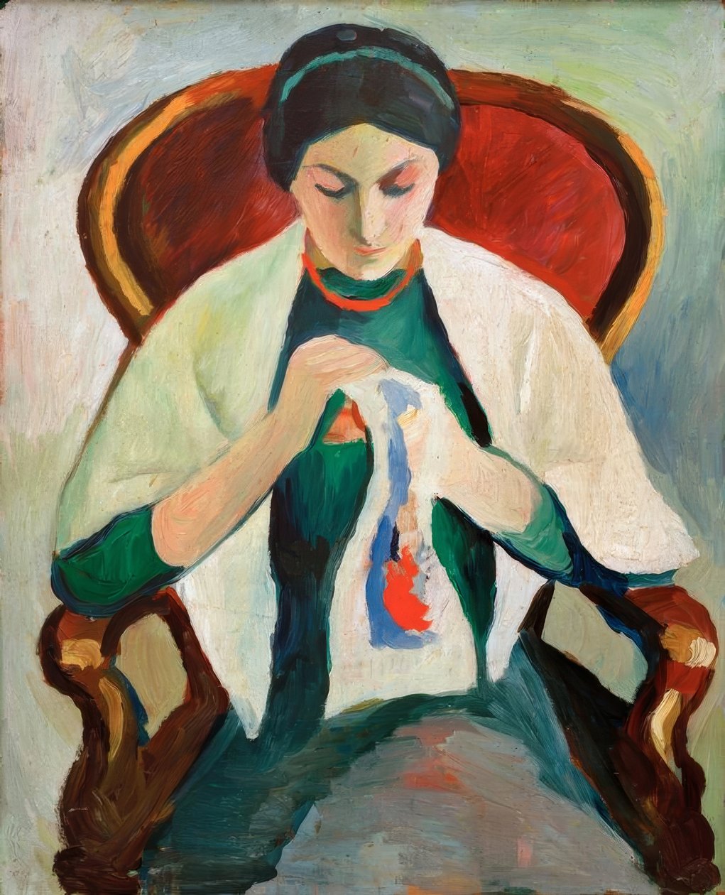 Kvinne som broderer på en lenestol: portrett av kunstnerens kone av August Macke