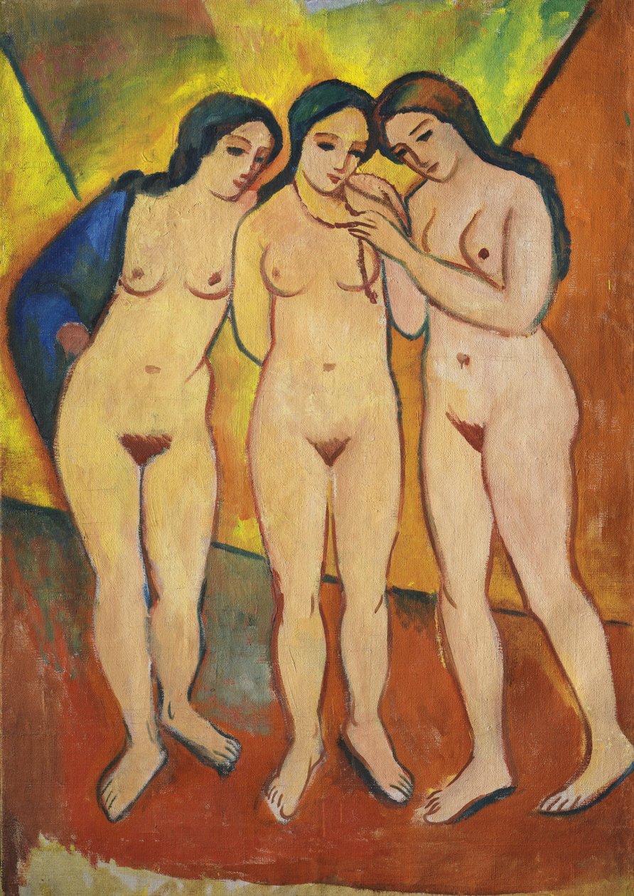 Tre nakenbilder, oransje og rødt, 1912 av August Macke