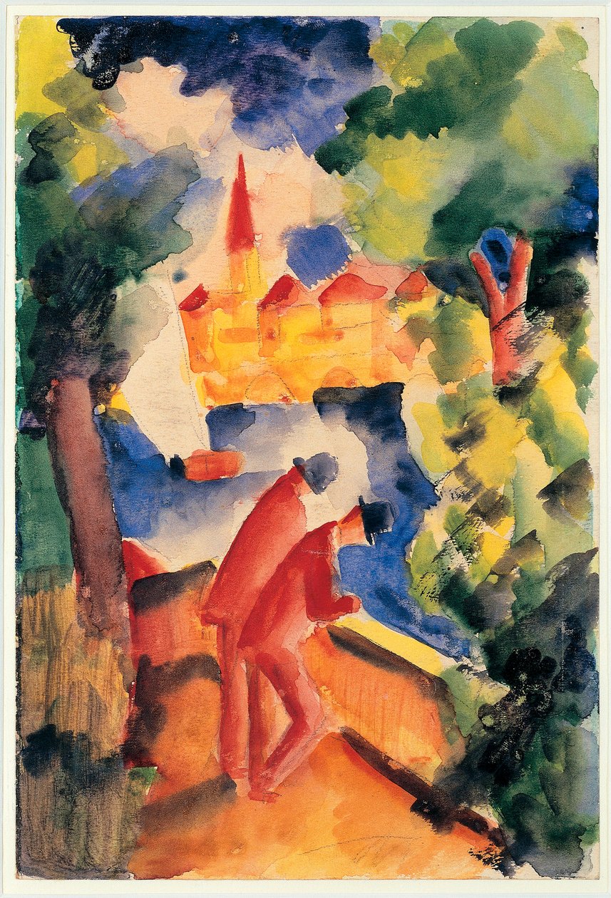 To menn arm på rekkverket med utsikt over en innsjø 1914 (akvarell) av August Macke