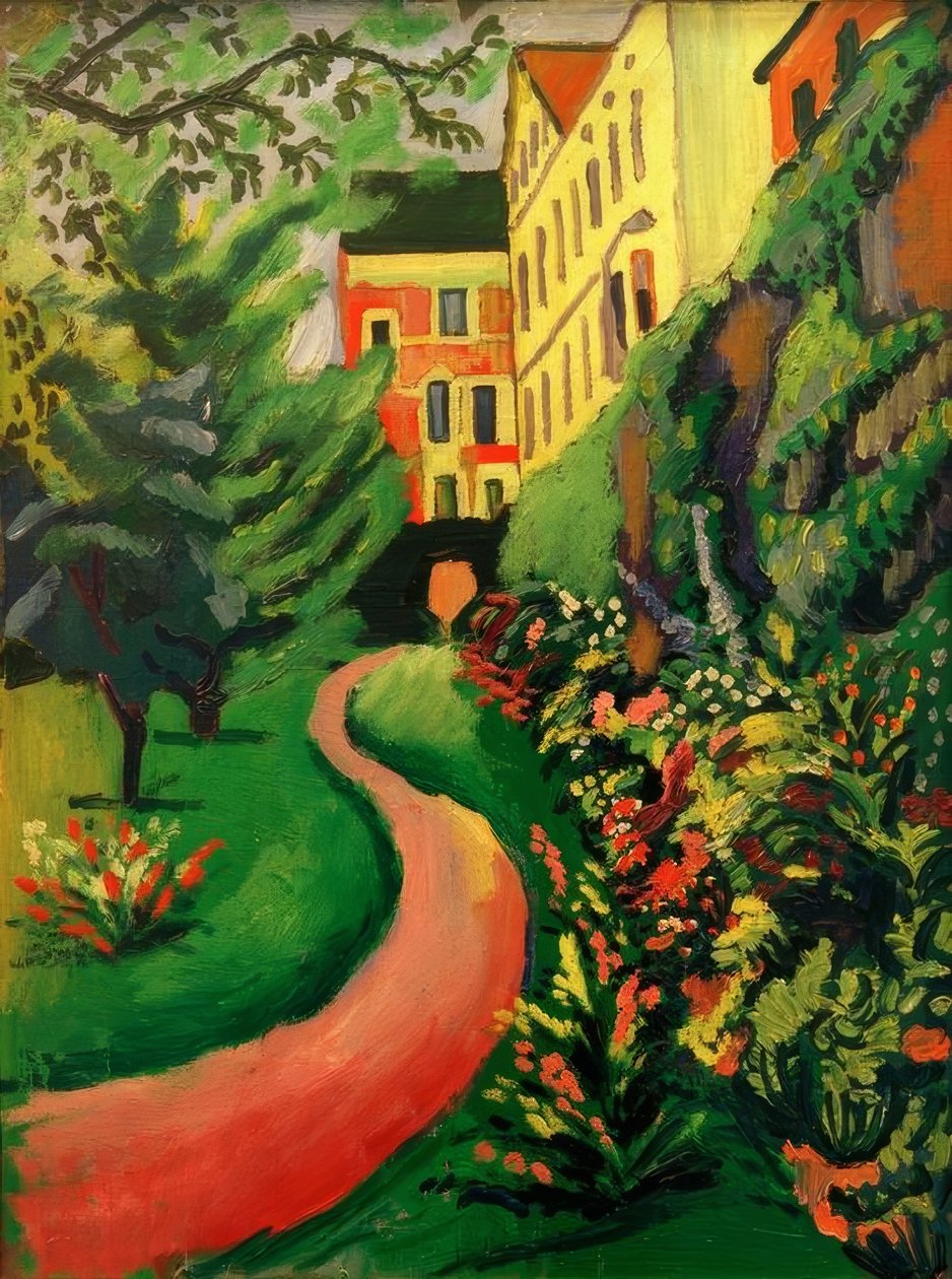 Hagen vår med blomstrende border av August Macke