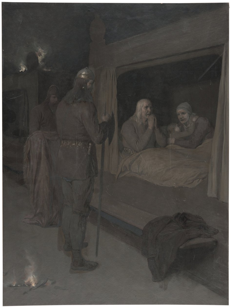 Njal, Bergthora og Thord Karisson bestemmer seg for å bli brent levende. Illustrasjon til Njáls saga, kap. 129 av August Malmström