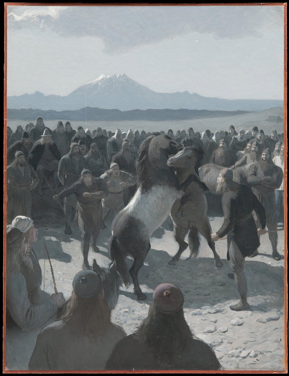 Hestekampen ved Hlíðarendi. Illustrasjon til Njåls saga, kap. 59 av August Malmström