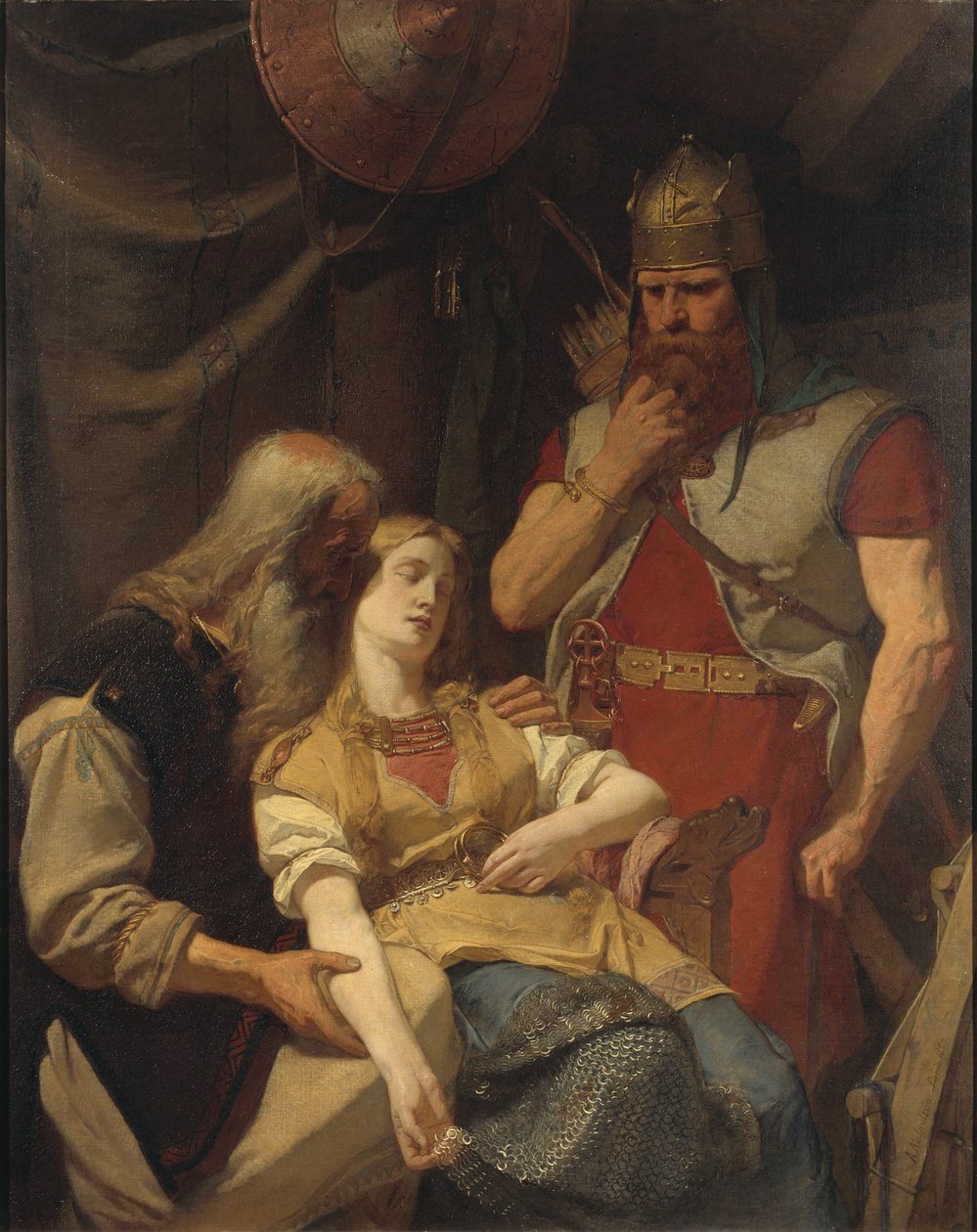Orvar Oddr annonce a Ingeborg la mort de Hjalmar - Oervar-Oddr informerer Ingeborg om Hjalmars død, av Malmstrom, August (1829-1901). Olje på lerret av August Malmström