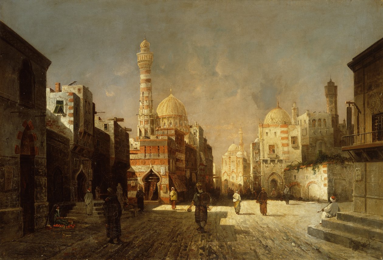 Scene fra en arabisk gate (olje på lerret) av August Siegen