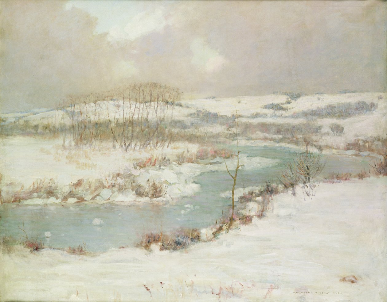En strøm om vinteren (olje på lerret) av August Vincent Tack